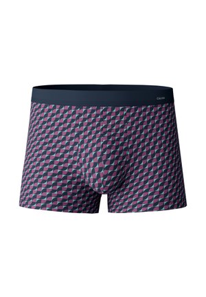 Boxer-culottes pour hommes avec un motif géométrique en bleu foncé, rose et sarcelle. Tissu doux avec un design ajusté et une taille élastique.