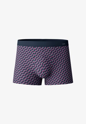 Heren boxershorts in een geometrisch patroon van donkerblauw, roze en teal. Zachte stof met een aansluitend ontwerp en elastische tailleband.