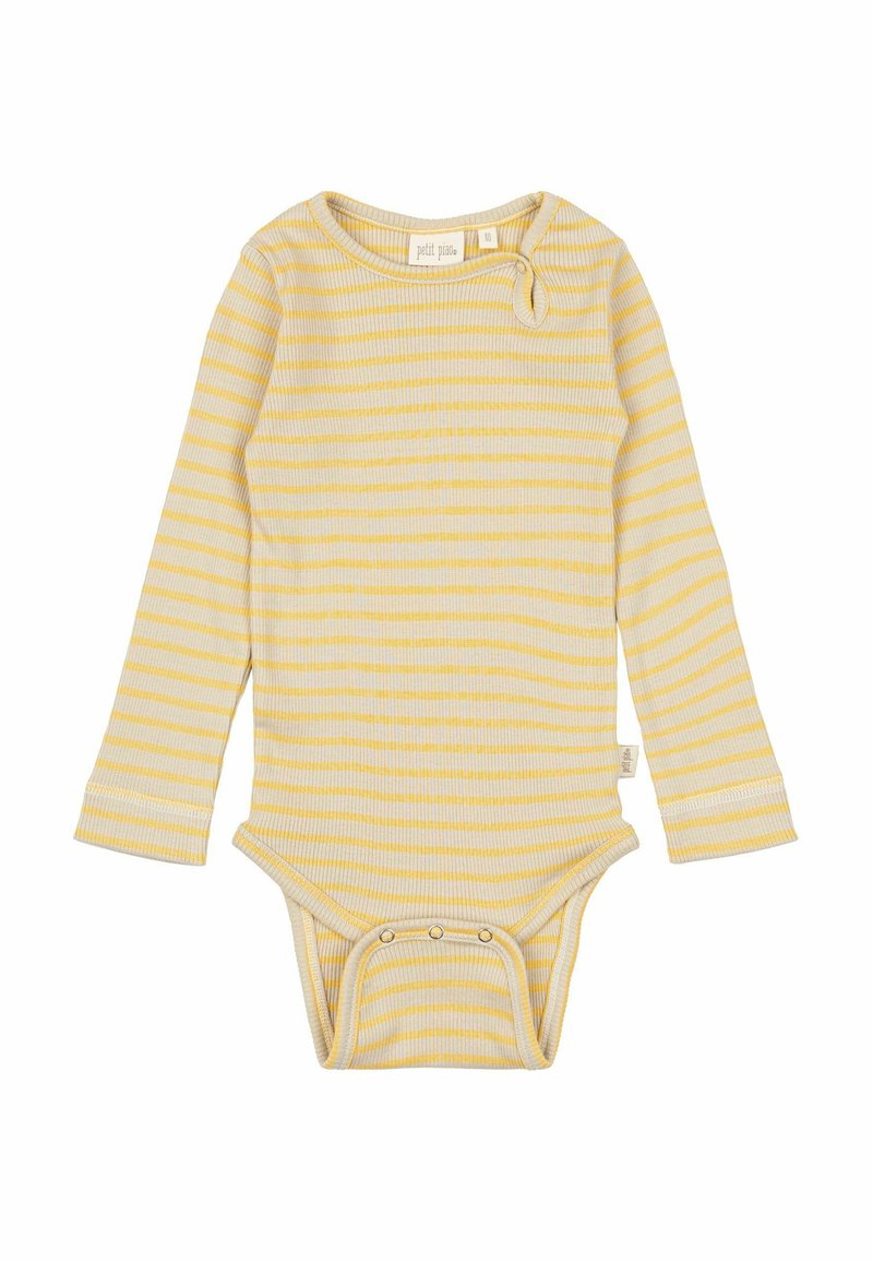 Dolg rokav bodysuit rumene in bele črte z ribasto teksturo, okroglim izrezom in gumbom na dnu. Mehka bombažna tkanina.