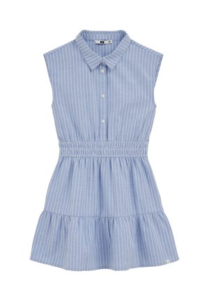 Rochie albastră fără mâneci cu dungi albe verticale, cu nasturi în față, guler, talie elastică și tiv cu volane.