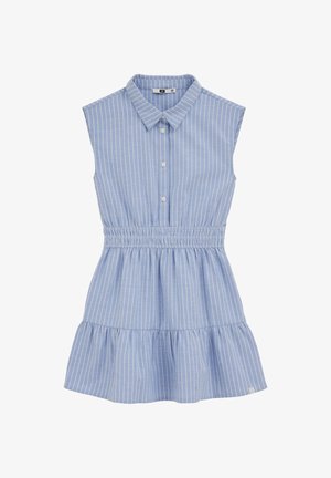 Plava haljina bez rukava s bijelim vertikalnim prugama, prednjim kopčanjem na gumbe, okruglim izrezom sa ovratnikom, elastičnim strukom i naboranim rubom.