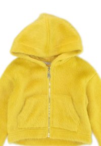 Felpa gialla e pelosa con zip frontale, un cappuccio ampio e due tasche frontali. Realizzata in materiale morbido con una texture accogliente.