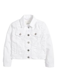 Vit denimjacka med krage, två bröstfickor fram, silverknappar och en kortad design. Slät textur och skräddarsydd passform.