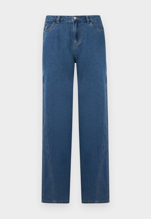 Calças de ganga azuis com um design de perna reta, apresentam cinco bolsos, um fecho de botão na frente e detalhes de costura ao longo das costuras.