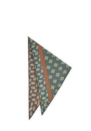 Gefalteter grüner und brauner Schal mit Paisley- und Blumenmustern, mit einem vertikalen braunen Streifen auf weißem Hintergrund.