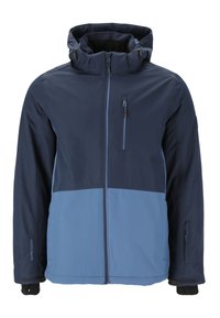Marineblå vandtæt jakke med et lyseblåt panel, justerbar hætte, lynlås brystlomme og velcro manchetter. Velegnet til koldt vejr.