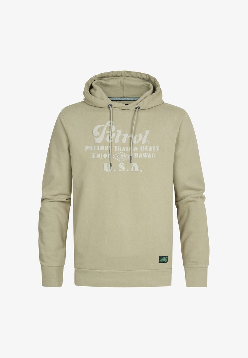 Haut à capuche kaki avec cordon de serrage, poche avant et grand texte imprimé comportant "Petrol" et des graphiques. Tissu doux avec poignets côtelés.
