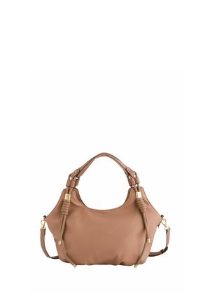 Brązowa skórzana torebka z podwójnymi uchwytami, regulowanym paskiem na ramię oraz ozdobnymi węzłami na przednich paskach.