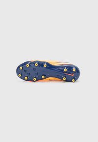 Football boot with a vibrant orange-yellow upper, blue sole, and strategically placed black studs for traction. Features a sleek, aerodynamic design.