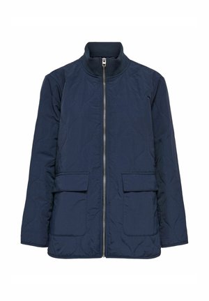 Veste matelassée bleu marine avec fermeture éclair à l'avant, col montant, manches longues et deux poches à rabat à l'avant.