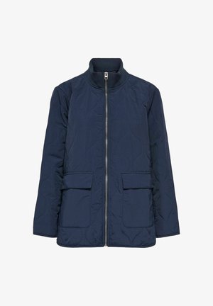 Marineblaue gesteppte Jacke mit Frontreißverschluss, Stehkragen, langen Ärmeln und zwei Klappentaschen vorne.