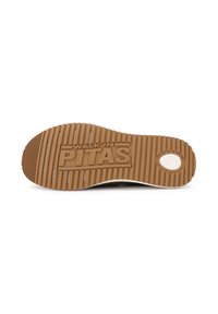 Suola di scarpa in gomma marrone con un motivo di grip testurizzato, con la scritta "WALK IN PITAS" in rilievo. Bordo arrotondato con un accento bianco.