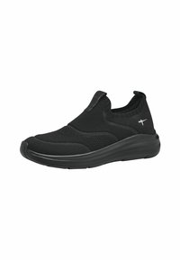 Scarpe slip-on nere con tomaia in tessuto a maglia, superficie strutturata e suola flessibile. Presenta un piccolo logo vicino al tallone. Design leggero.