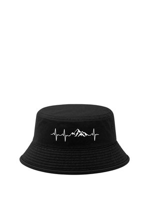 Black bucket hat with a white mountain design flanked by heartbeat lines embroidered on the front.