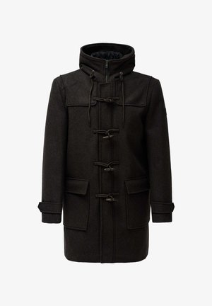 Cappotto di lana marrone scuro con colletto alto, chiusure a bottone toggle e due tasche frontali. Presenta una finitura testurizzata e polsini regolabili.