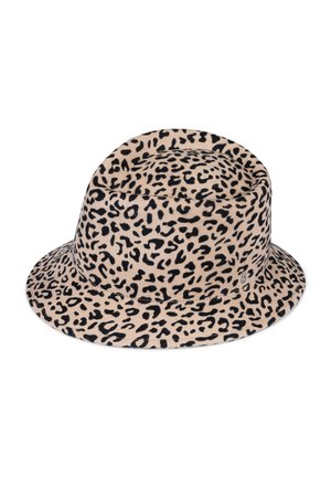 Leopard-print bucket hat made of soft fabric, featuring a neutral beige base with black spots, round crown, and wide, floppy brim.