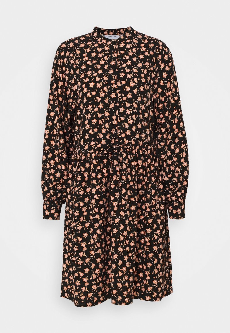 Robe noire à manches longues avec motif floral rose, boutonnée à l'avant, taille froncée et jupe courte et fluide.