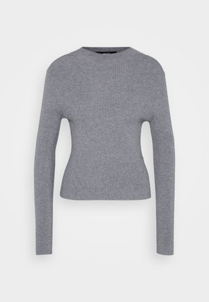 Gray ribbed long-sleeve sweater with crew neck and fitted silhouette, displayed on plain white background.