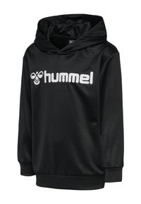 Schwarzer Hoodie aus glattem Stoff mit einem großen weißen "hummel"-Logo über der Brust, Kängurutasche und Kapuze mit Kordelzug.