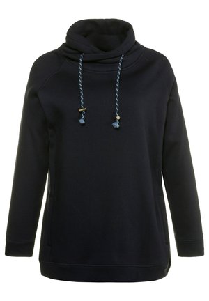 Marineblauwe sweatshirt met hoge kraag en koordjes, voorzien van decoratieve franjes en zijsplitten voor extra comfort.