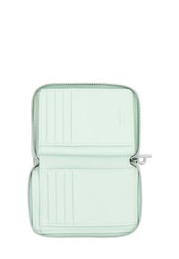 Mint green wallet with textured exterior, zip closure, multiple card slots, and a compartment for notes or small items.