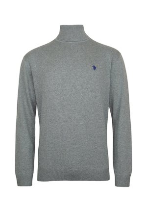 Grijze coltrui van zachte stof, met lange mouwen en een blauw geborduurd logo op de borst. Ribbelmanchetten en -zoom.