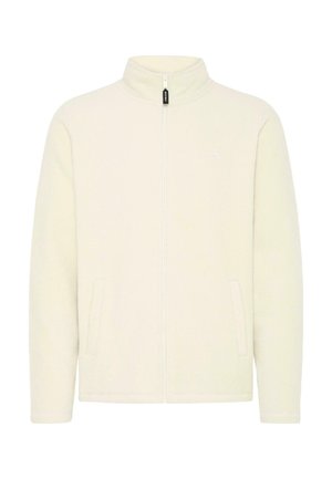 Giacca in fleece beige chiaro con collo alto, chiusura frontale con zip e due tasche laterali. Presenta un piccolo logo sul lato sinistro del petto.
