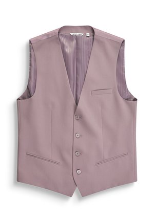 Licht paarse formele mannenvest met vier knopen, drie voorzakken en een satijnen voering aan de binnenkant.