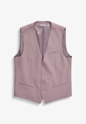 Licht paarse formele mannenvest met vier knopen, drie voorzakken en een satijnen voering aan de binnenkant.