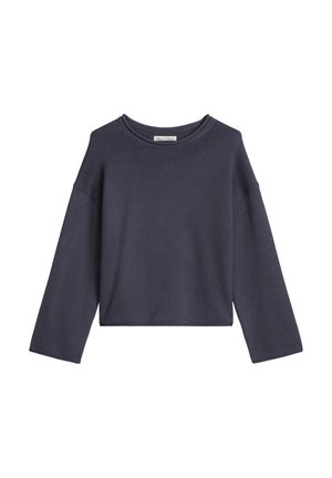 Sweatshirt court bleu marine en texture côtelée avec épaules larges tombantes et encolure ronde. Design simple sans détails supplémentaires.