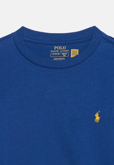 Μπλε μπλουζάκι Ralph Lauren Polo με στρογγυλή λαιμόκοψη, ετικέτα μεγέθους και μικρό κίτρινο κεντητό λογότυπο παίκτη πόλο στο στήθος.