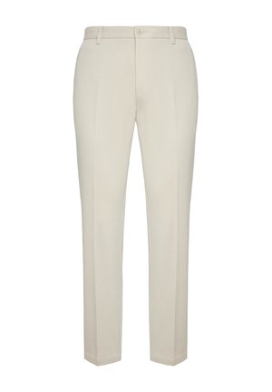 Beige op maat gemaakte broeken met een gladde textuur, voorzien van een subtiele plooi aan de voorkant, riemlussen en een enkele knoopsluiting.