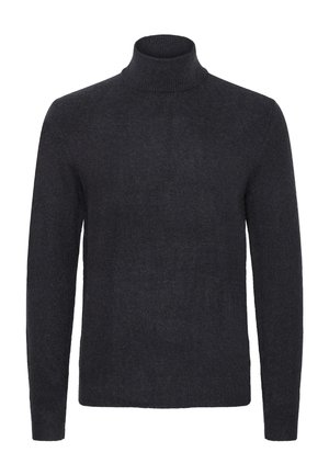 Dunkelgrauer, langärmeliger Strickpullover mit Rollkragen, geripptem Kragen, Bündchen und Saum, auf einem schlichten weißen Hintergrund präsentiert.