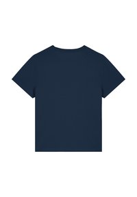 Marineblauwe t-shirt met korte mouwen en een ronde hals, gemaakt van zacht katoen, heeft een eenvoudig ontwerp zonder zichtbare graphics of patronen.