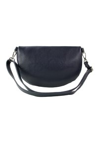 Leren crossbodytas in donkerblauw, halfronde vorm met textuur, verstelbare riem en zilverkleurige accenten.