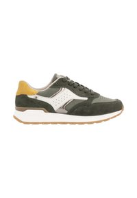Baskets de sport en suede vert foncé avec accents blancs et talon jaune. Design à lacets avec détails perforés et semelle en caoutchouc.