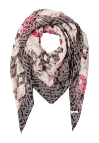 Sciarpa multicolore con un mix di motivi astratti grigi, rosa e rossi, realizzata in tessuto leggero e liscio con estremità appuntite.