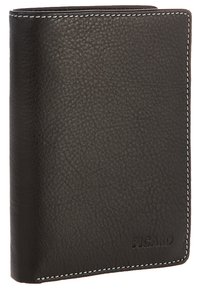 Black leather wallet with textured surface, contrasting light blue stitching, and embossed "PICARD" logo on the bottom right corner.