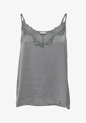 Gray satin camisole with adjustable straps, featuring a delicate green lace trim along the neckline and a smooth texture throughout.