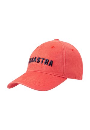 Rote Baseballkappe mit schwarzem, besticktem "LACASTRA" Schriftzug vorne, mit eingenähten Belüftungslöchern und gebogenem Schirm.