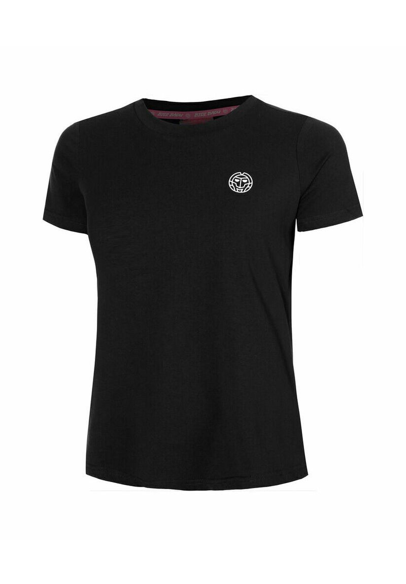 Camiseta de algodón negra de manga corta y cuello redondo. Presenta un pequeño logotipo blanco en el área del pecho izquierdo. Textura suave.