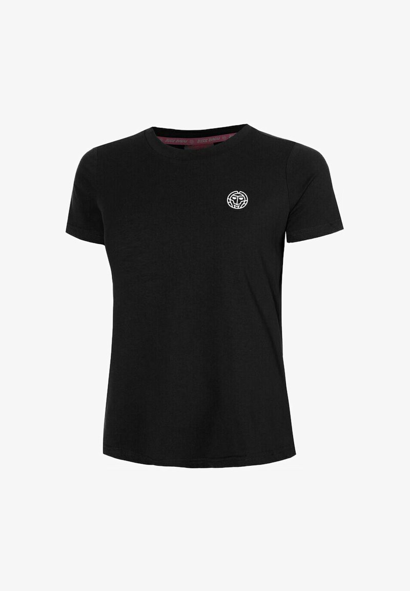 Camiseta de algodón negra de manga corta y cuello redondo. Presenta un pequeño logotipo blanco en el área del pecho izquierdo. Textura suave.