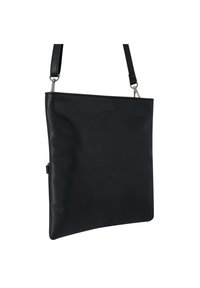 Černá kožená kabelka přes rameno s elegantním obdélníkovým tvarem, nastavitelným popruhem a detaily z kovového materiálu. Hladký povrch a minimalistický design.