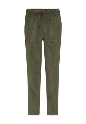 Pantalons de jogging vert olive en tissu doux et texturé. Ils présentent une taille élastique avec un cordon de serrage et deux poches avant.