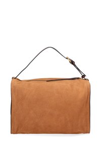Borsa in suede tan con forma rettangolare, caratterizzata da una tracolla in pelle, accessori in oro e chiusura con zip superiore. Texture complessivamente liscia.