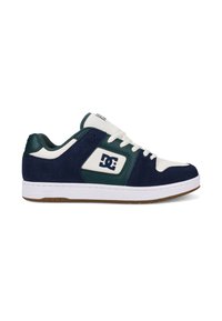 Navy blue suede sneakers with white and green accents, featuring a prominent logo and a white rubber sole. Lace-up design with padded collar.