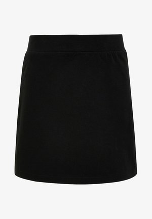 Jupe noire en tissu léger avec une texture lisse, dotée d'une large taille élastique et d'une coupe droite en forme de A.