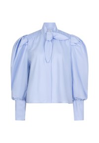 Light blue shirt with a high collar, puff sleeves, and a tie detail at the neck. Features smocking on the shoulders and buttoned cuffs.