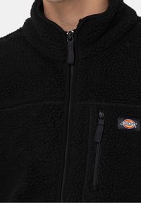 Zwarte fleecejas met een hoge kraag, een volledige rits en een ritszak. Heeft een textuur materiaal en een klein Dickies-logo op de borst.
