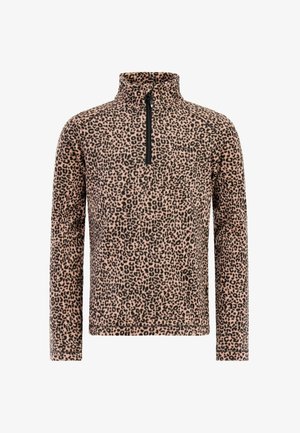 Polarowy pulower w panterkę, z kołnierzem na pół-zamek, długimi rękawami, miękka tekstura, różowa baza z ciemnobrązowymi plamami, z czarnym zamkiem błyskawicznym.